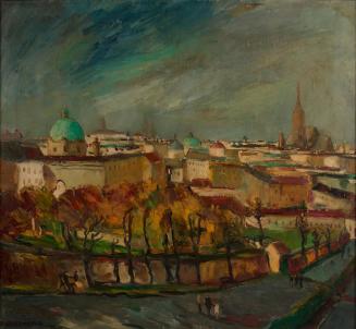 Rolf Habermann, Blick vom Oberen Belvedere auf Wien, 1951, Öl auf Hartfaserplatte, 65 x 72 cm,  ...