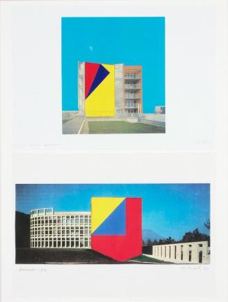 Roland Goeschl, Entwurf Projekt Eselsohr, 1990, Mischtechnik auf Farbfotografie, Blattmaße: 21, ...