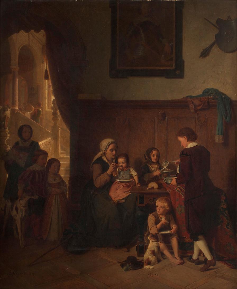 August Friedrich Siegert, Bewirtung einer armen Familie, 1859, Öl auf Leinwand, 130 x 94 cm, Be ...