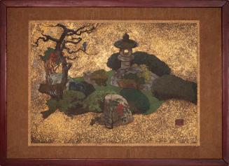 Emil Orlik, Japanischer Garten, 1901–1902, Tempera und Goldbronze auf Papier (?), Seide, 37,5 x ...