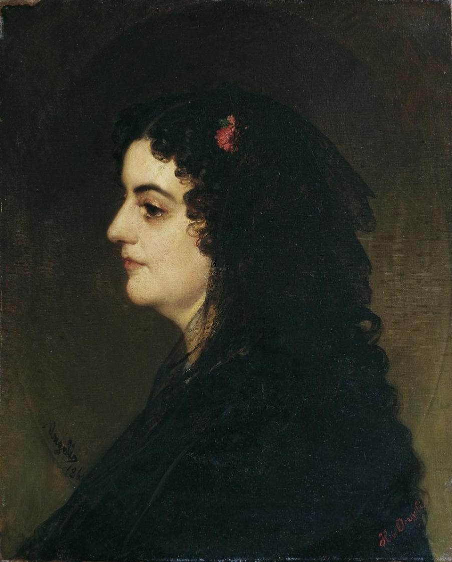 Heinrich von Angeli, Dame im Profil mit Schleier und Nelke, 1860, Öl auf Leinwand, 58,5 x 46,5  ...