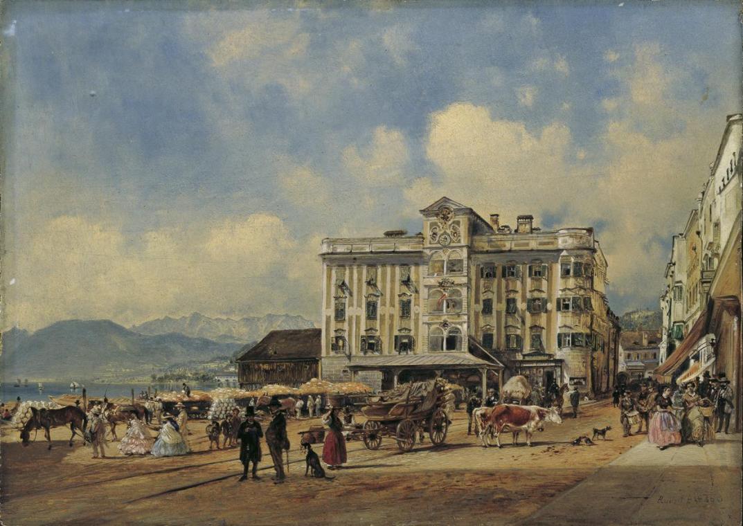 Rudolf von Alt, Das Rathaus in Gmunden, 1860, Öl auf Holz, 28 x 38,5 cm, Belvedere, Wien, Inv.- ...