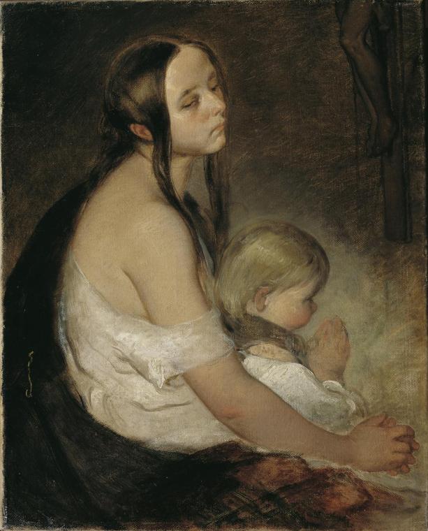 Peter Fendi, Mutter mit Kind unter dem Kruzifix, Öl auf Leinwand, 39,5 x 32,5 cm, Belvedere, Wi ...