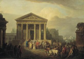 Vinzenz Fischer, Architekturstück mit Opferhandlung vor römischem Tempel, 1791, Öl auf Leinwand ...