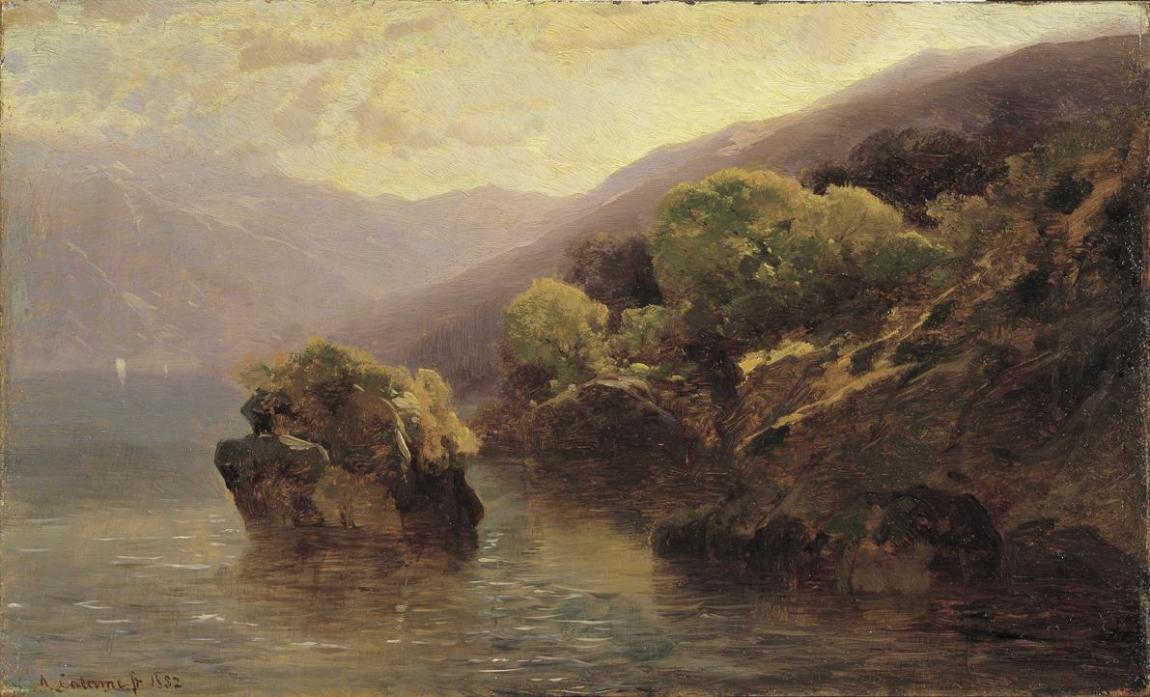 Alexandre Calame, Partie vom Genfer See, 1852, Öl auf Holz, 17,5 x 28,5 cm, Belvedere, Wien, In ...