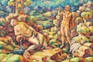 Georg Merkel, Die Quelle (Pan und Nymphe), 1920, Öl auf Leinwand, 52 × 79 cm, Belvedere, Wien,  ...