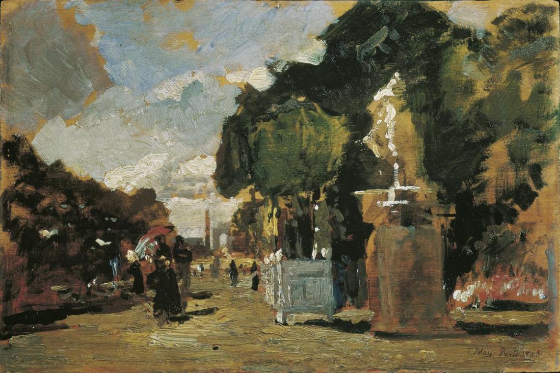 Tina Blau, Aus den Tuilerien – Sonniger Tag, 1883, Öl auf Holz, 18 × 27 cm, Belvedere, Wien, In ...