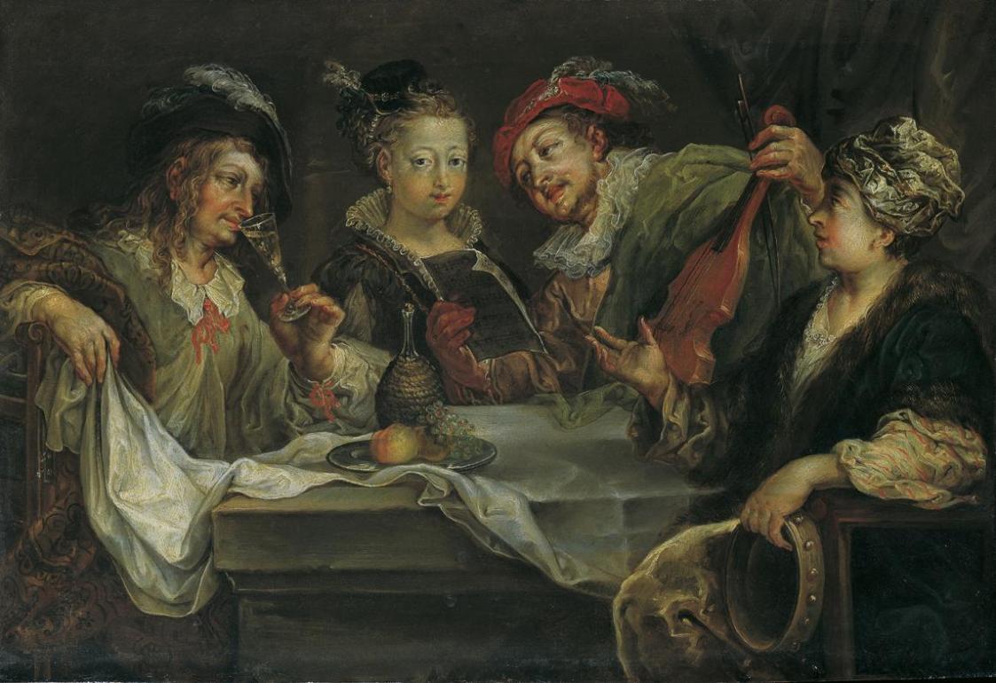 Johann Georg Platzer, Belustigung nach dem Mahle, Öl auf Kupfer, 22 x 32 cm, Belvedere, Wien, I ...