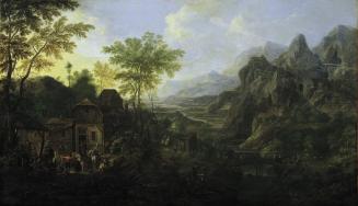 Josef Orient, Ideale Landschaft mit Bauernkirmes, Öl auf Leinwand, 55 x 97 cm, Belvedere, Wien, ...