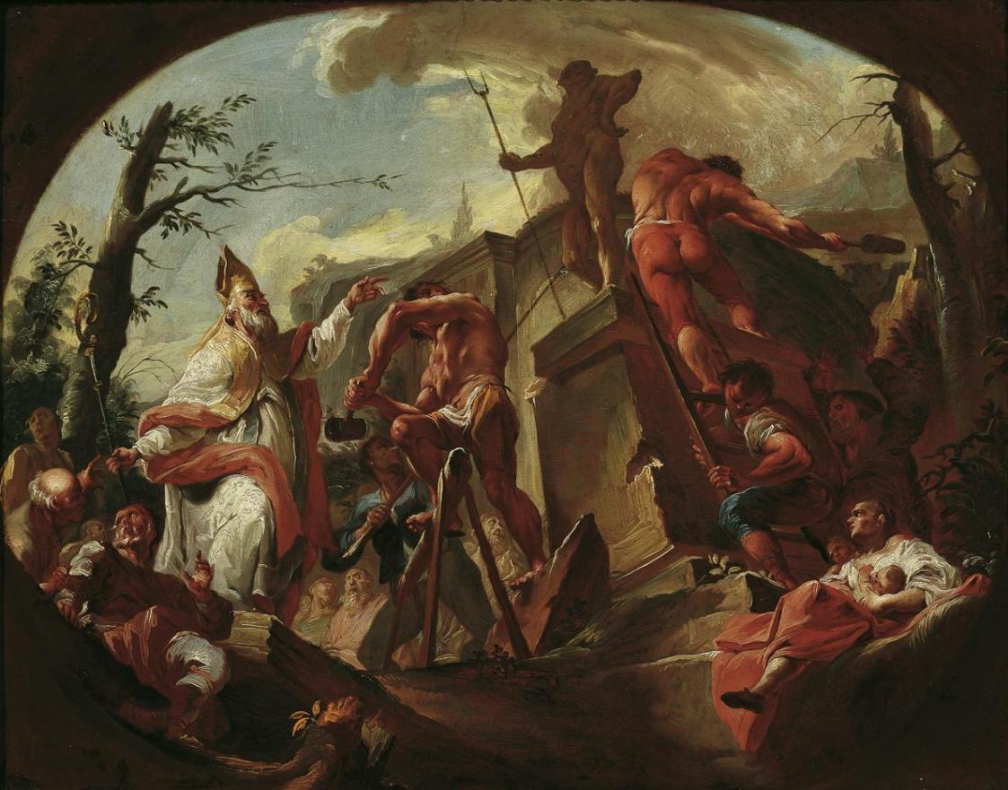 Paul Troger, Der heilige Cassian von Imola stürzt die Statue des Pluto auf Säben (Entwurf für d ...