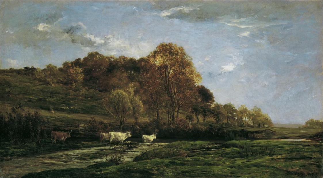 Charles-François Daubigny, Herbstliche Aulandschaft, 1867, Öl auf Leinwand, 85 x 150 cm, Belved ...
