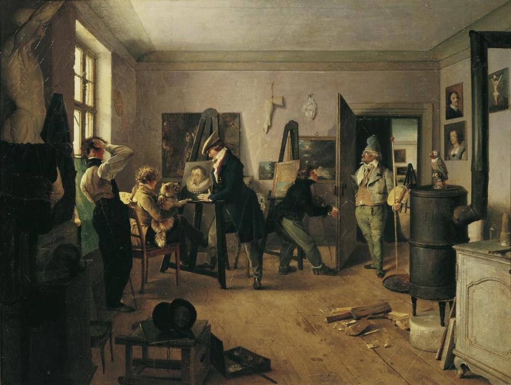 Josef Danhauser, Das Scholarenzimmer, 1828, Öl auf Leinwand, 43,5 x 51,5 cm, Belvedere, Wien, I ...