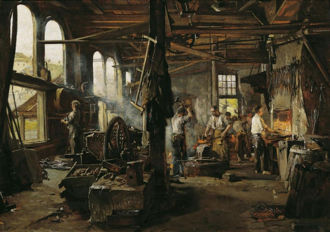 Hugo Charlemont, Interieur einer Hammerschmiede, 1883, Öl auf Holz, 48,5 x 70 cm, Belvedere, Wi ...