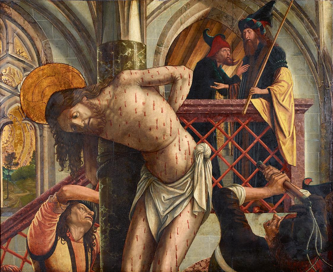 Michael Pacher, Geißelung Christi, vor 1497/1498, Malerei auf Zirbenholz, 113 x 139,5 cm, Belve ...