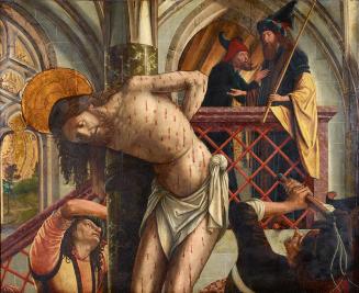 Michael Pacher, Geißelung Christi, vor 1497/1498, Malerei auf Zirbenholz, 113 x 139,5 cm, Belve ...