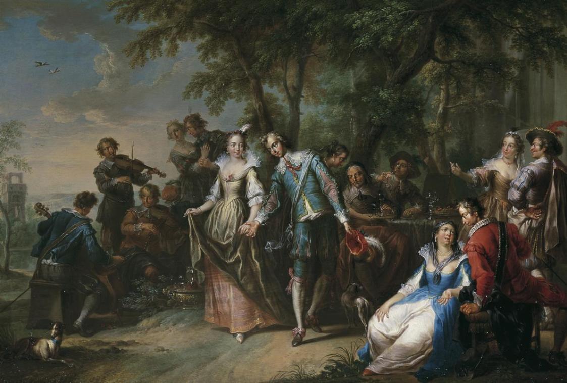 Franz Christoph Janneck, Unterhaltung im Freien mit Tanz, um 1740, Öl auf Holz, 41 x 62 cm, Bel ...