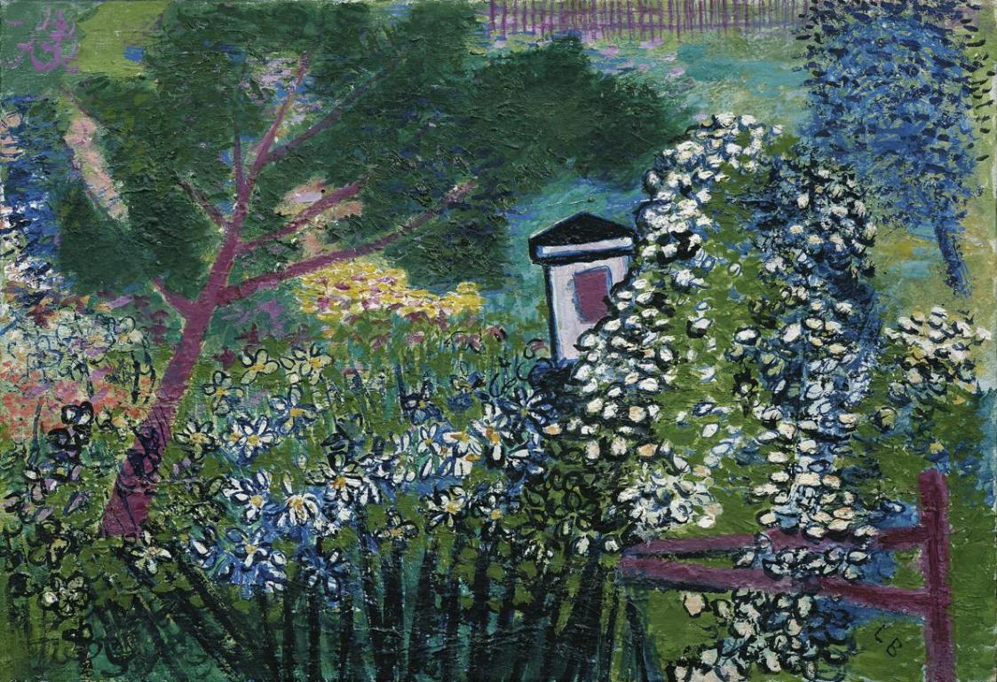 Leopold Birstinger, Garten mit blühendem Strauch, um 1970, Öl auf Leinwand, 62,5 × 91 cm, Leihg ...