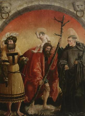 Meister der Crispinuslegende, Hl. Achatius, Christophorus und Leonhard, um 1520, Malerei auf Fi ...