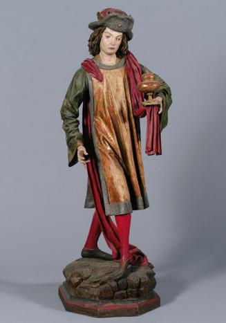 Südtiroler Bildschnitzer, Hl. König (einer Epiphanie), um 1500, Zirbenholz, originale Fassung,  ...