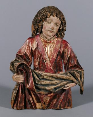 Südtiroler Bildschnitzer, Vorhang haltender Engel, um 1465/1470, Zirbenholz, Reste originaler F ...