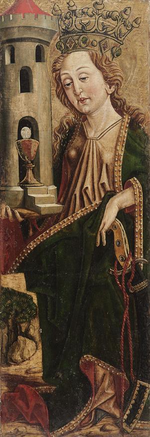 Friedrich Pacher (Umkreis), Hl. Barbara (Innenseite), um 1490, Malerei auf Zirbenholz, 62 x 22  ...
