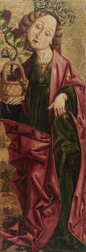 Friedrich Pacher (Umkreis), Hl. Dorothea (Innenseite), um 1490, Malerei auf Zirbenholz, 62 x 21 ...