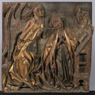 Hans Klocker, Verkündigung an Maria, um 1495, Zirbenholz, alte Fassungsreste, vergoldet, 71,7 x ...