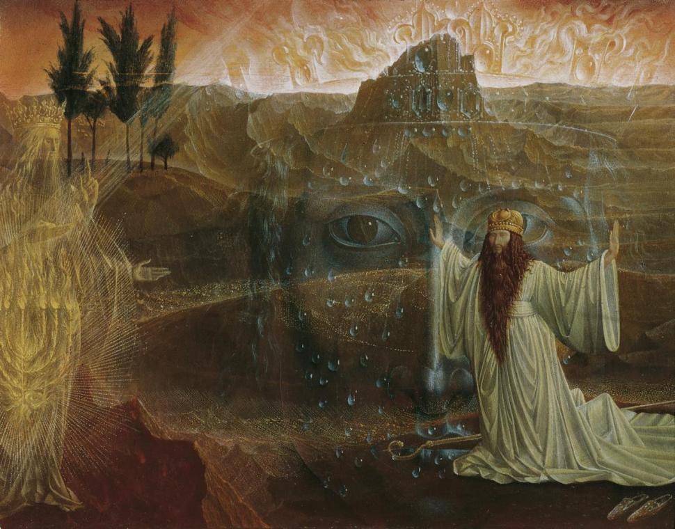 Ernst Fuchs, Moses vor dem brennenden Dornbusch, 1956-1957, Öltempera auf Holz, 18,5 x 23,2 cm, ...