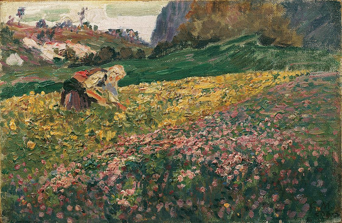 Carl Moll, Mädchen in der Blumenwiese, 1909, Öl auf Leinwand auf Karton, 18 x 27,5 cm, Belveder ...