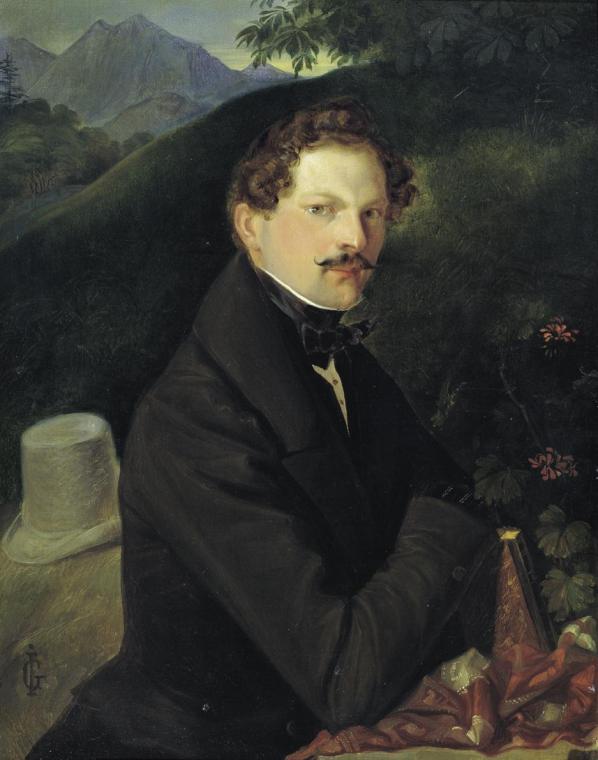 Peter Johann Nepomuk Geiger, Herrenbildnis in Landschaft, Öl auf Leinwand, 26 x 21 cm, Belveder ...