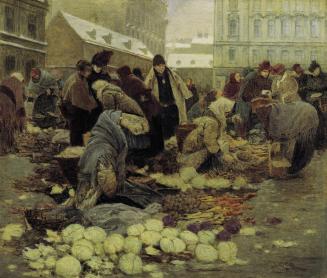 Johann Nepomuk Geller, Kroatenmarkt auf der Haide in Wien, vor 1898, Öl auf Karton, 44,5 x 52,5 ...