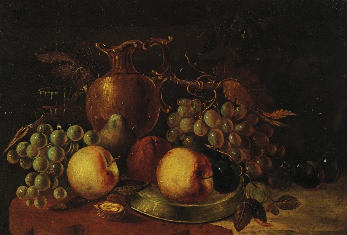 Jakob van Es, Früchtestillleben, Öl auf Holz, 33,5 x 47,5 cm, Belvedere, Wien, Inv.-Nr. Lg 207
