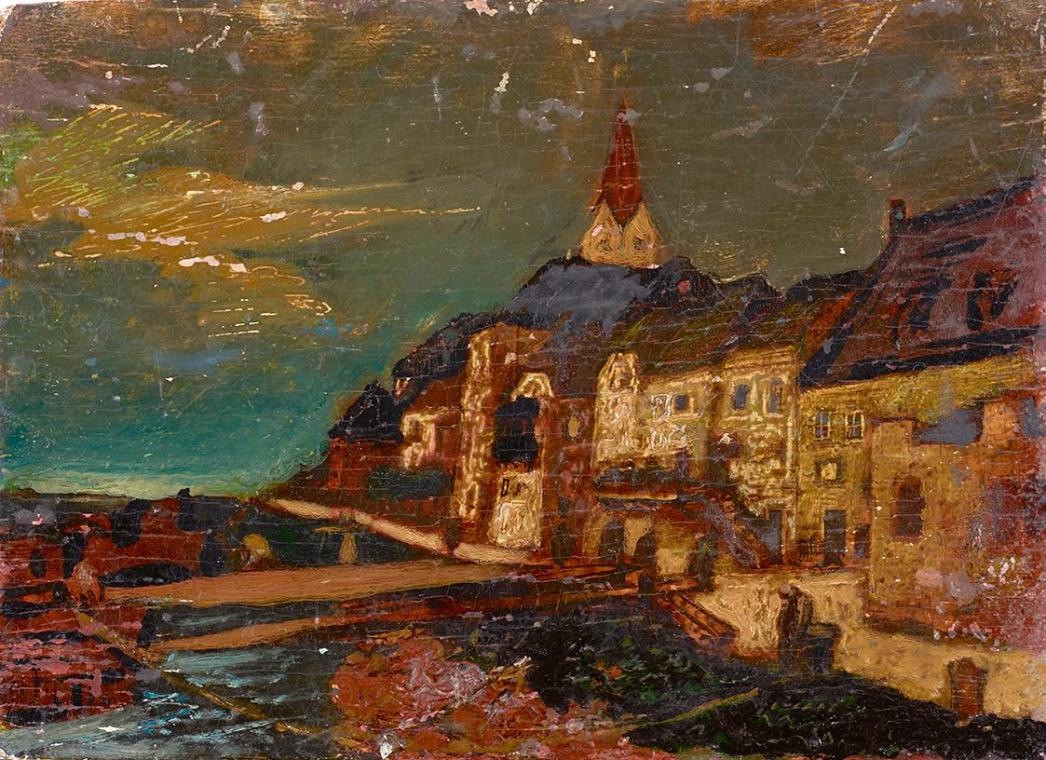 Josef Dobrowsky, Stadtlandschaft, Anfang 20.–Mitte 20. Jahrhundert, Öl auf Holz, 23,2 × 32,2 cm ...