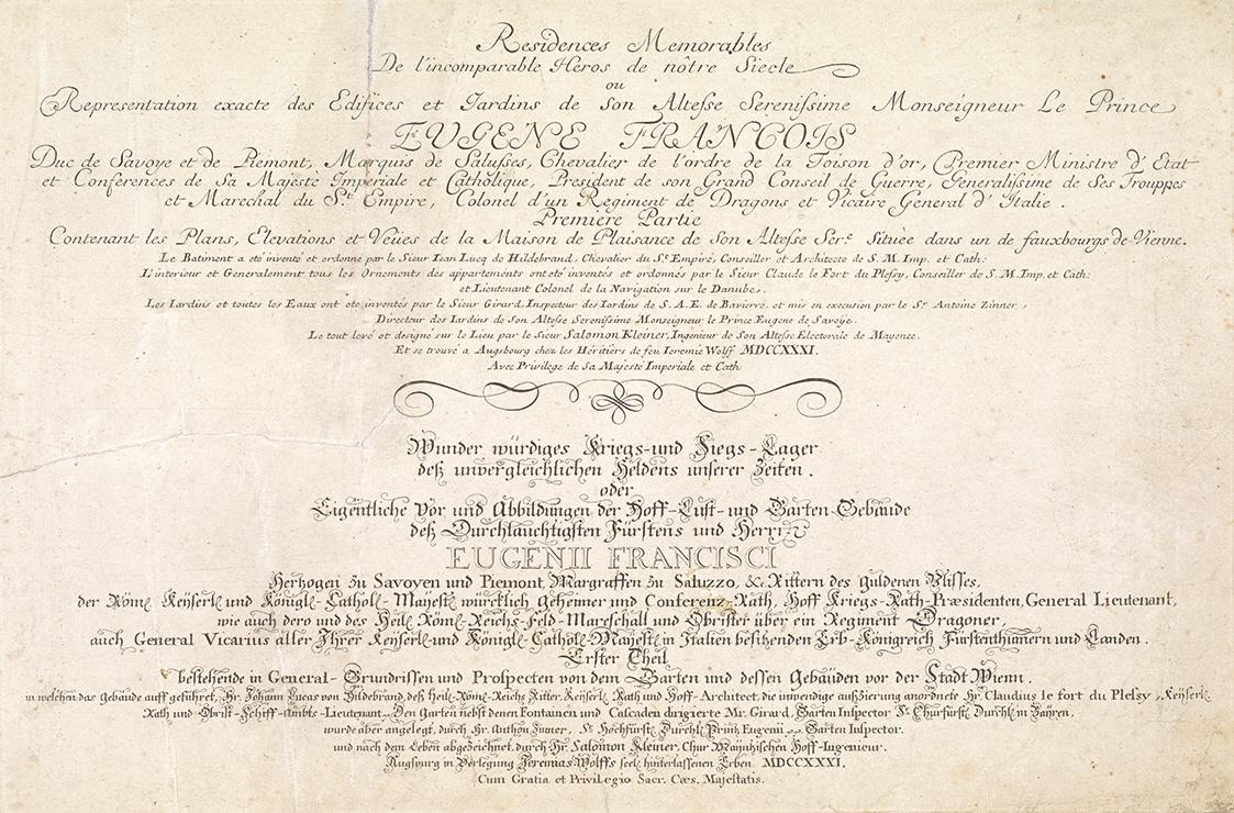 Salomon Kleiner, Titelblatt des ersten Teils, 1731, Kupferstich, Druck in Schwarz auf Papier, D ...