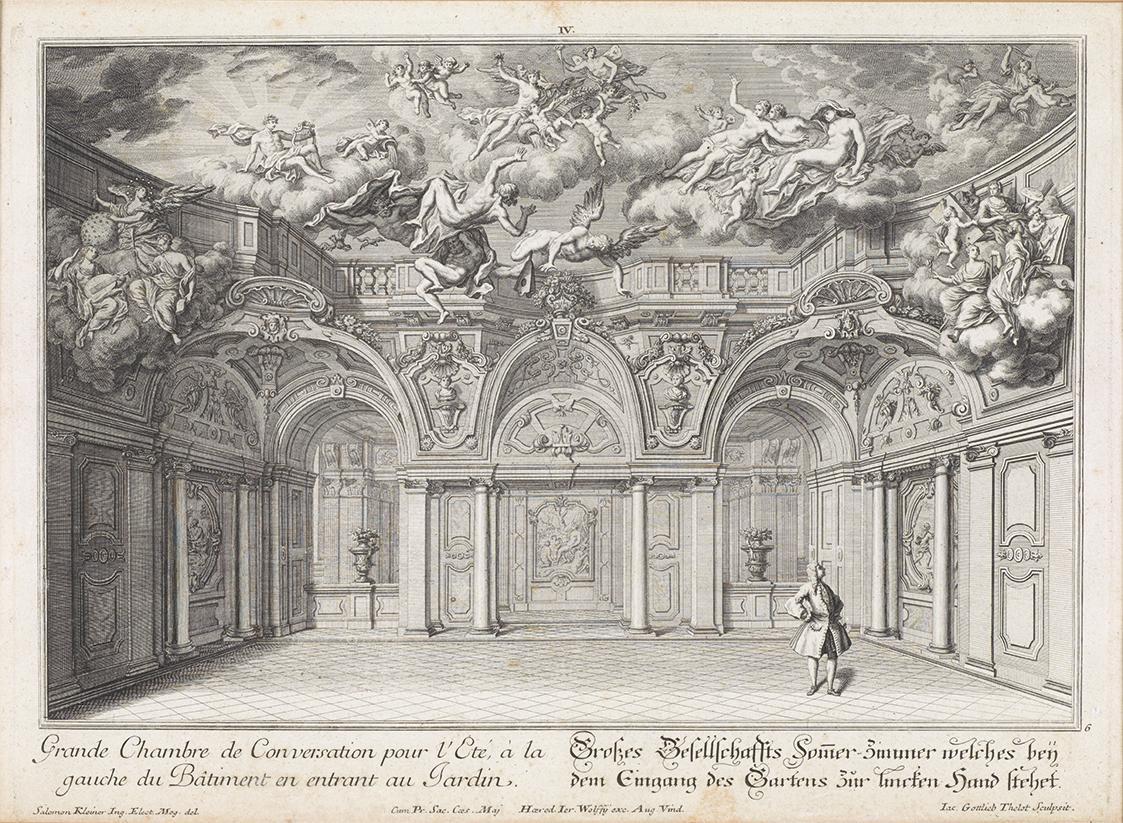 Salomon Kleiner, Großes Gesellschaftszimmer im Westflügel, 1735, Radierung, Druck in Schwarz au ...