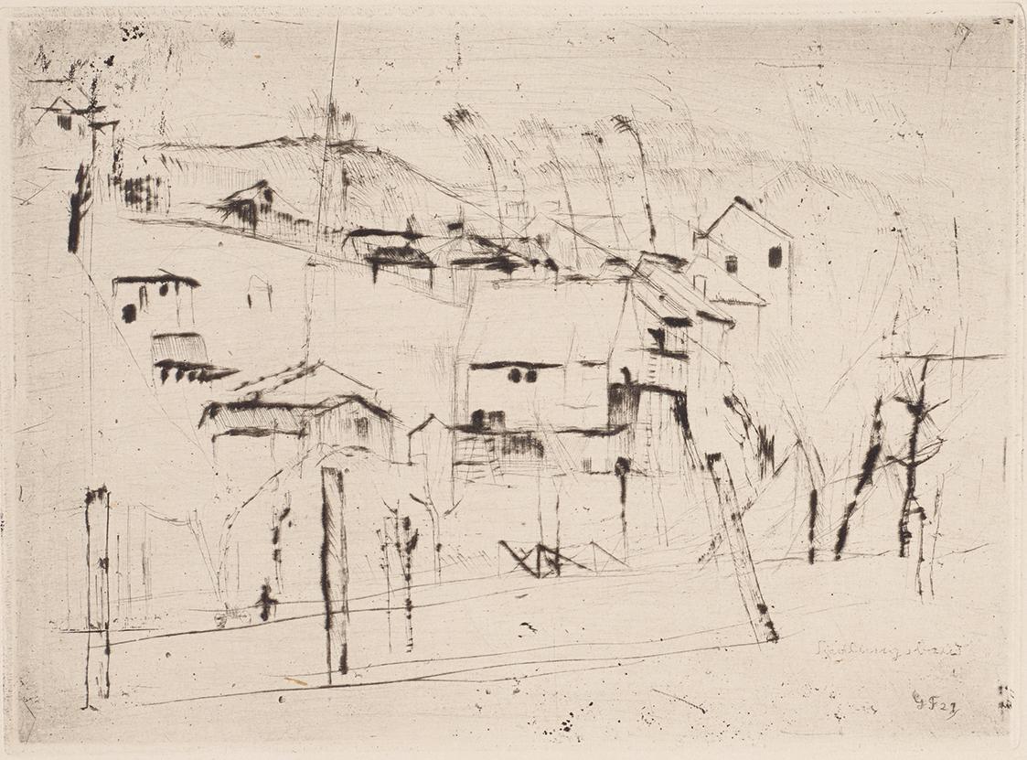 Gerhart Frankl, Siedlungsbau, 1927, Kaltnadelradierung auf Japanpapier, Blattmaße: 23,9 × 32,3  ...