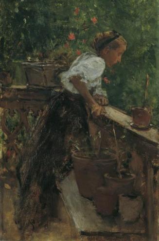 August von Pettenkofen, Bauernmädchen auf dem Balkon, undatiert, Öl auf Holz, 32 x 20 cm, Belve ...