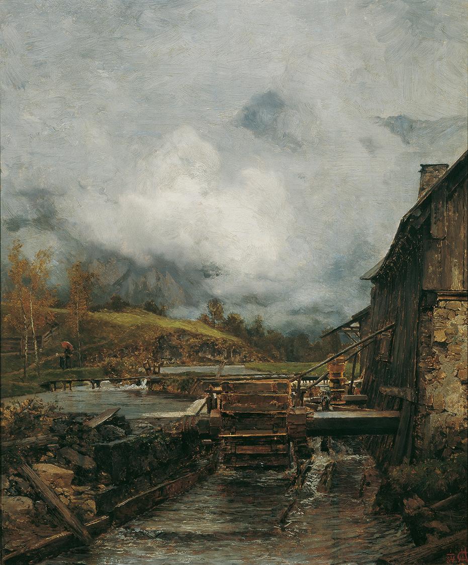 Carl Moll, Wassermühle in Goisern (nach Emil Jakob Schindler), 1884, Öl auf Holz, 44 x 36 cm, B ...