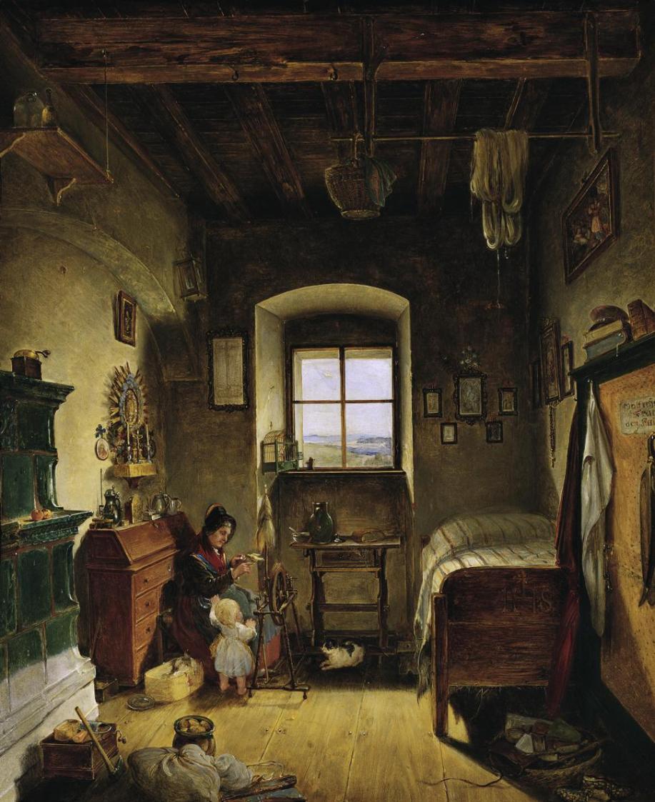 Albert Schindler, Die Witwe des Landwehrmannes (Bauernstube), 1836, Öl auf Holz, 31,5 x 26 cm,  ...