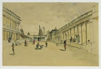 Joseph Selleny, Straße in Madras mit einem Tempel, 1858, Bleistift, Aquarell auf Papier, 34 x 5 ...