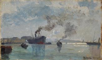 Rudolf Ribarz, Schiffe im Hafen, 1882, Öl auf Holz, 13,5 x 23,5 cm, Belvedere, Wien, Inv.-Nr. 5 ...