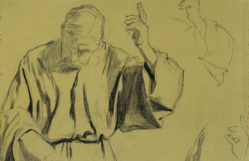 Josef Wawra, Draperiestudie für das Gemälde "Christi Himmelfahrt", undatiert, Kreide auf Karton ...