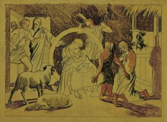 Josef Wawra, Heilige Familie mit Hirten, undatiert, Bleistift, Buntstift auf Pauspapier, 20 x 2 ...