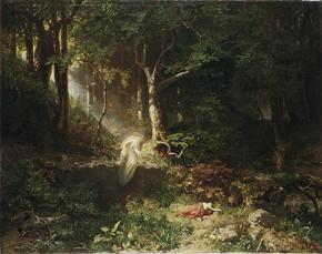 Emil Jakob Schindler, Waldfräuleins Geburt, 1868, Öl auf Leinwand, 95 x 119 cm, Belvedere, Wien ...
