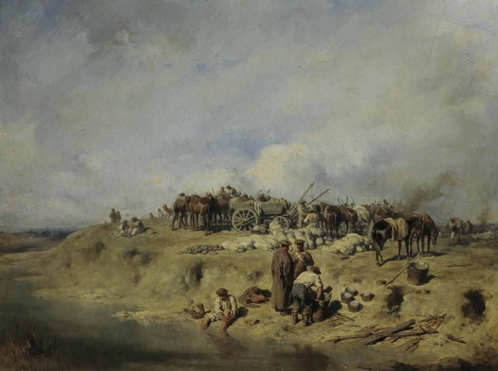 August von Pettenkofen, Biwak russischer Soldaten, 1852, Öl auf Karton, 24 x 31,5 cm, Belvedere ...