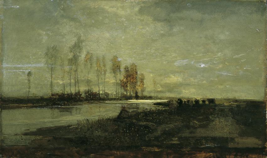Emil Jakob Schindler, An der Thaya bei Lundenburg II, um 1877/1880, Öl auf Holz, 47 x 79 cm, Be ...