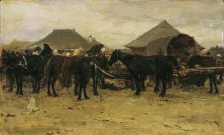 August von Pettenkofen, Pferdemarkt in Szolnok I (Ungarischer Markt), 1870/1880, Öl auf Holz, 1 ...