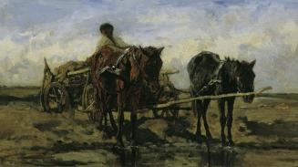 August von Pettenkofen, Ungarisches Bauernfuhrwerk am Wasser, 1870/1880, Öl auf Holz, 43 x 25 c ...