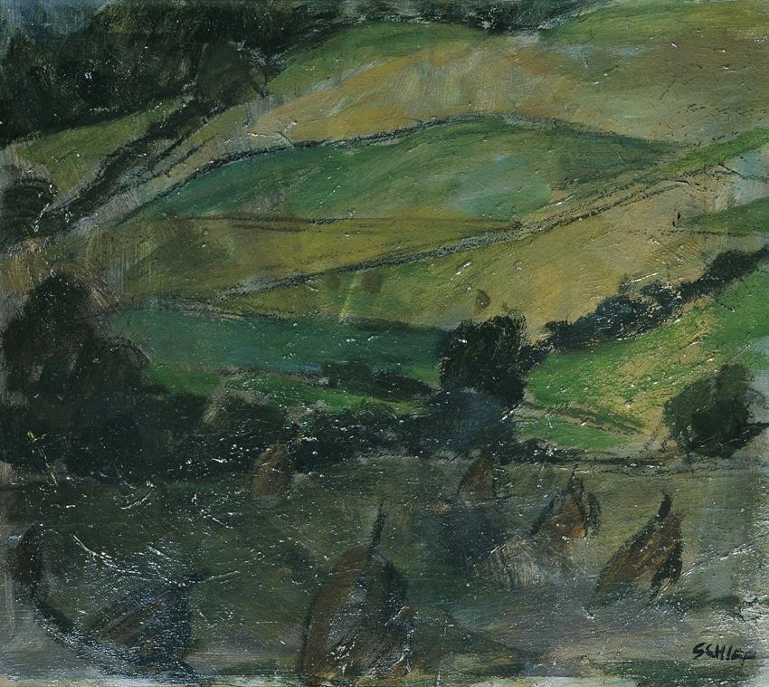 Friedrich Hermann Schiff, Felder am Abend, 1954, Öl auf Holz, 38,5 x 44 cm, Belvedere, Wien, In ...