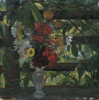 Wilhelm Legler, Laube mit Blumen, undatiert, Öl auf Karton, 35,5 x 35,5 cm, Belvedere, Wien, In ...